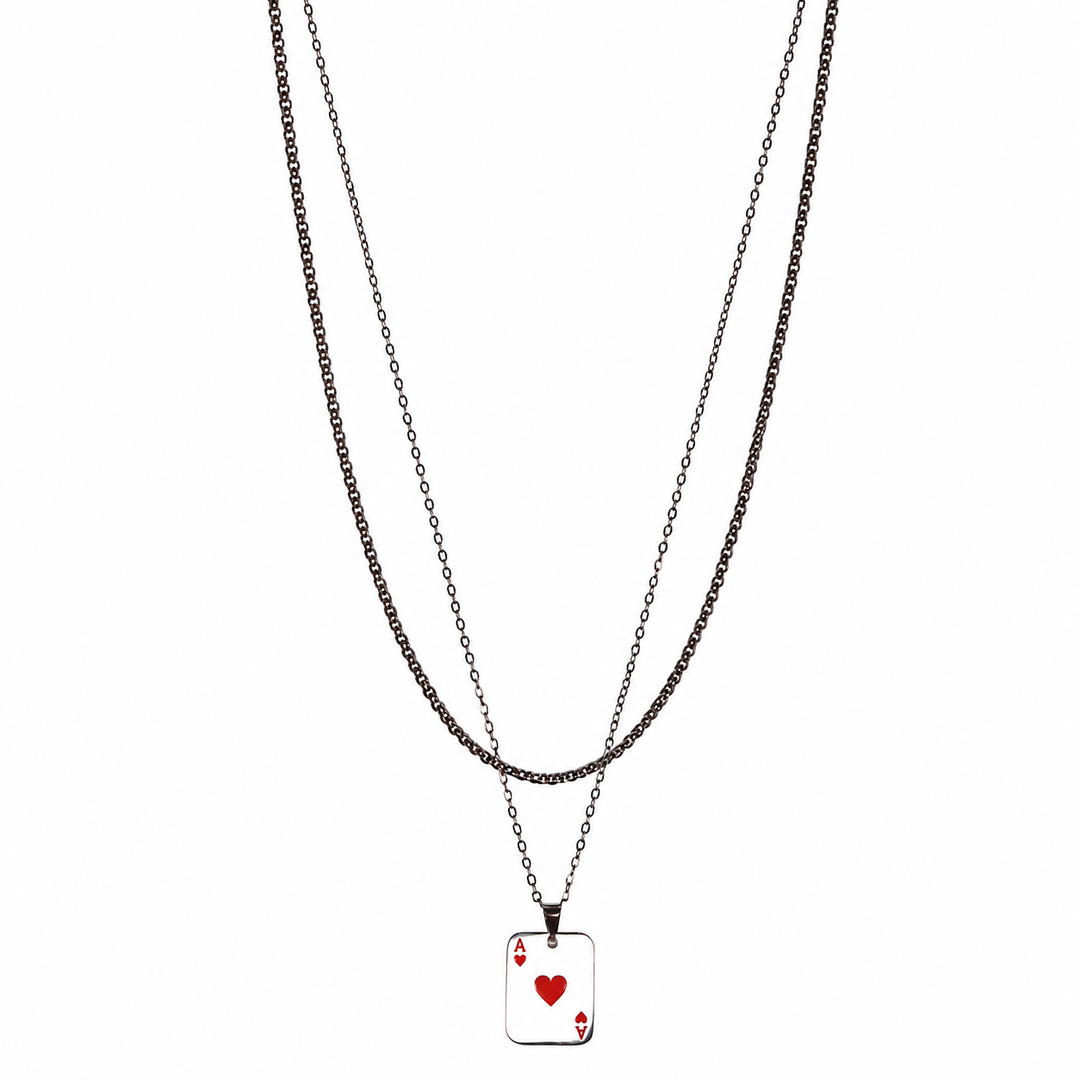Ace of Hearts Silver Layered Necklace - Ανδρικό διπλό κολιέ από ανοξείδωτο ατσάλι με κόκκινο άσο καρδιά.
