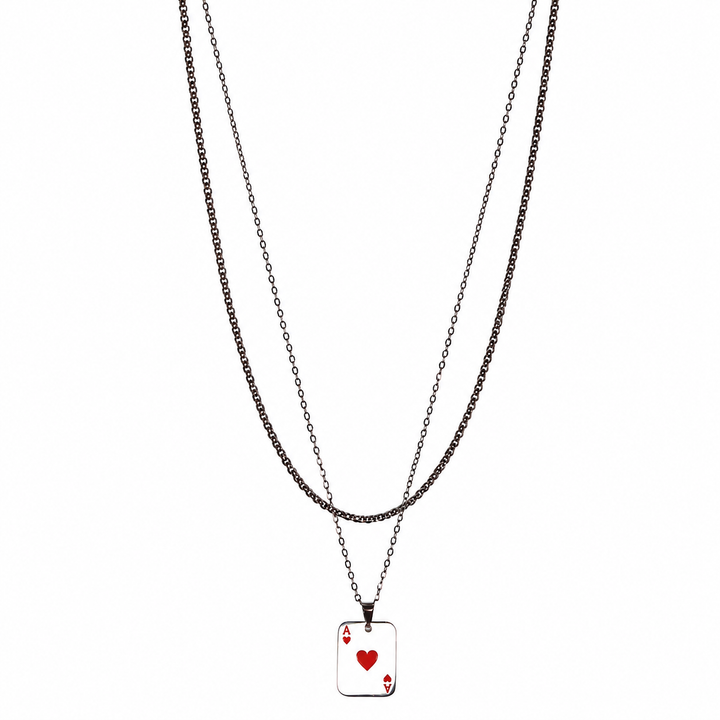 Ace of Hearts Silver Layered Necklace - Ανδρικό διπλό κολιέ από ανοξείδωτο ατσάλι με κόκκινο άσο καρδιά.