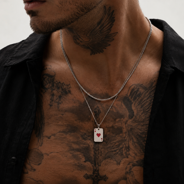 Ace of Hearts Silver Layered Necklace - Ανδρικό διπλό κολιέ από ανοξείδωτο ατσάλι με κόκκινο άσο καρδιά.